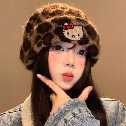 Hello Kitty Leopard Print Knitted Beret for Women - Winter Cute Cartoon Warm Fashion Internet Celebrity Hat
