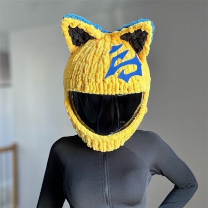 Handmade Crochet Cartoon Yellow Cat-Ear Motorcycle Helmet Cover - Trendy & Playful Helmet Accessory for Riders