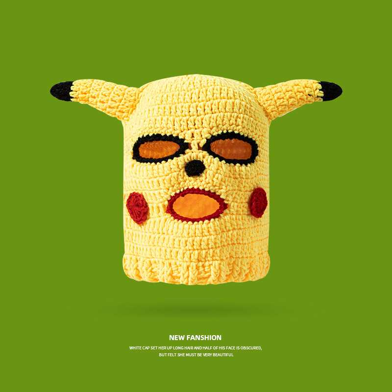 Cute Pikachu Mask-Themed Quirky Hand-Knitted Earflap Beanie - Pokemon-Inspired Winter Warm Woolen Hat