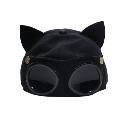 Black Cat Ear Pilot Cap with Goggles - Cute Korean Style Baseball Cap, Unisex Sunglasses Visor Hat for Trendy Casual & Summer Sun Protection