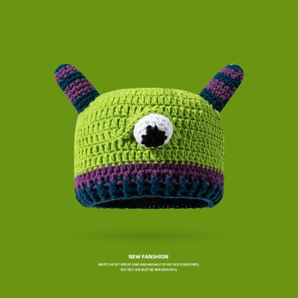 Cute One-Eyed Monster-Themed Quirky Hand-Knitted Earflap Beanie - Playful Alien Winter Warm Woolen Hat
