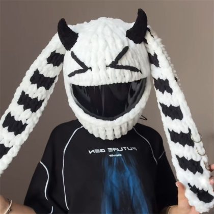 Handmade Crochet Cartoon Monochrome Devil Bunny Motorcycle Helmet Cover - Trendy & Edgy Helmet Accessory for Riders