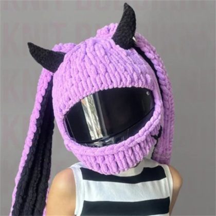 Handmade Crochet Cartoon Lavender Devil Bunny Motorcycle Helmet Cover - Trendy & Playful Helmet Accessory for Riders