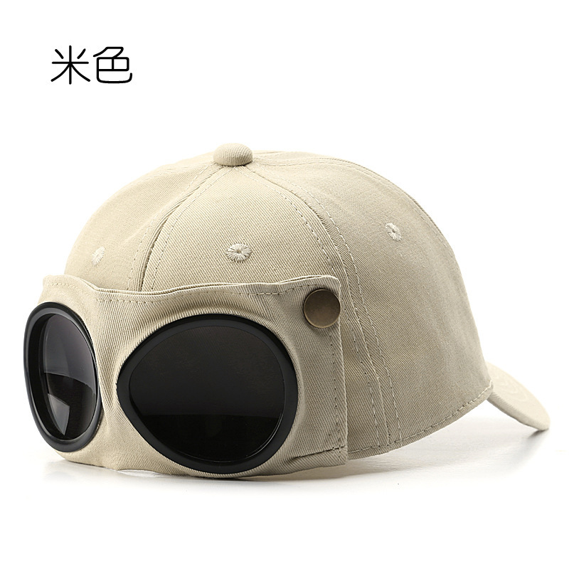Beige Pilot Cap with Goggles - Ins Korean Trendy Baseball Cap, Unisex Sunglasses Visor Hat for Summer Sun Protection & Versatile Styling