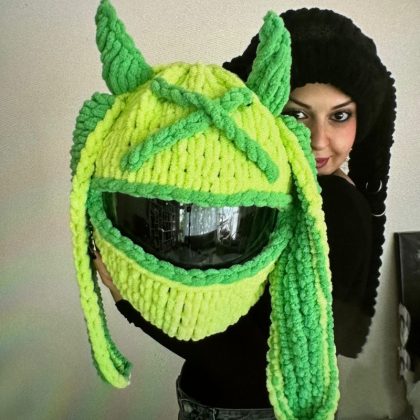 Handmade Crochet Cartoon Neon Green Devil Bunny Motorcycle Helmet Cover - Trendy & Vibrant Helmet Accessory for Riders