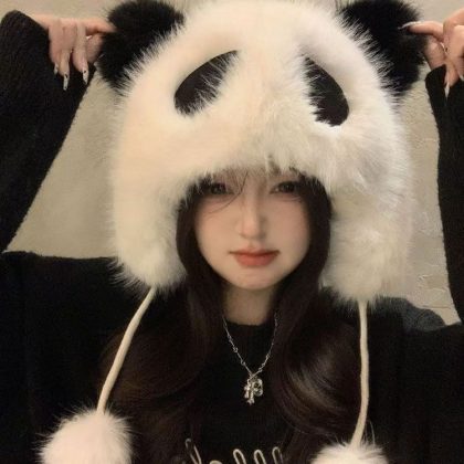 Cute Cartoon Panda Plush Winter Hat for Women - Furry Earflap Warm Leifeng Hat Fashion Internet Celebrity Beanie