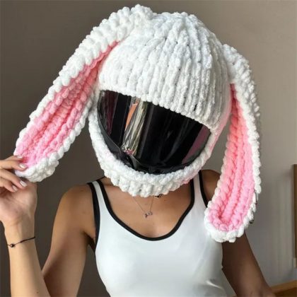 Handmade Crochet Cartoon White Bunny Motorcycle Helmet Cover - Trendy & Cute Helmet Accessory for Riders