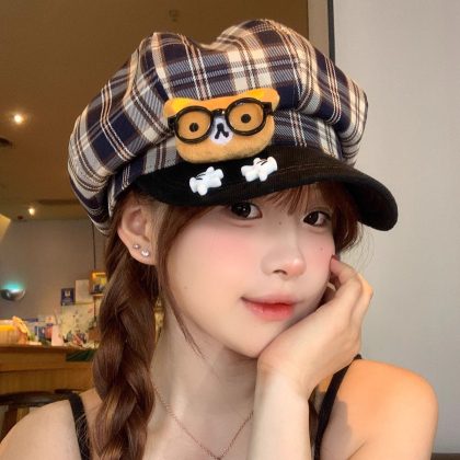 Cute Cartoon Glasses Bear Plaid Octagonal Beret - Versatile Large Head Circumference Face-Slimming Newsboy Hat for Women