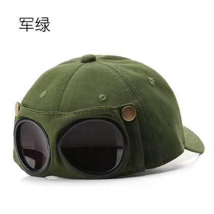 Military Green Pilot Cap with Goggles - Trendy Ins Korean Style Baseball Cap, Unisex Sunglasses Visor Hat for Summer Sun Protection & Street Fashion