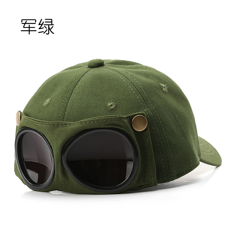Military Green Pilot Cap with Goggles - Trendy Ins Korean Style Baseball Cap, Unisex Sunglasses Visor Hat for Summer Sun Protection & Street Fashion