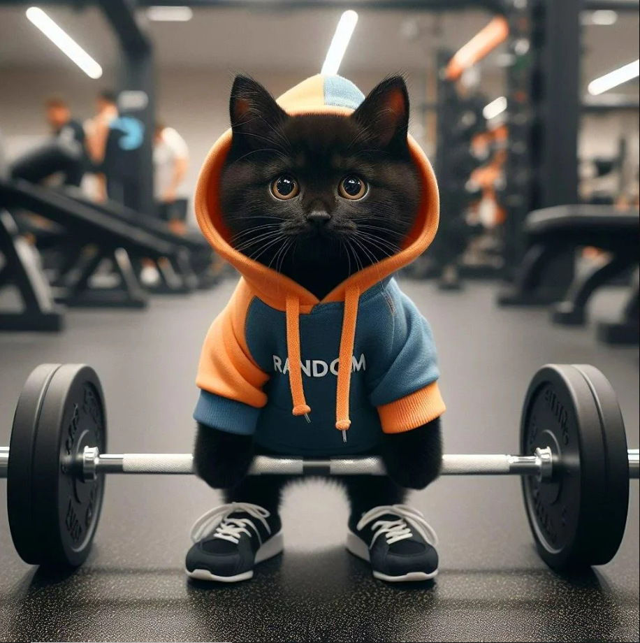 "Random" Hoodie Gym Cat Sculpture – Adorable Weightlifting Black Cat Figurine | Quirky Home/Gym Decor for Fitness & Pet Fans