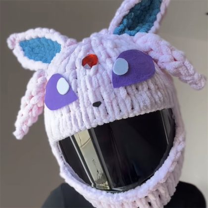 Handmade Crochet Cartoon Espeon Motorcycle Helmet Cover - Trendy & Anime-Inspired Helmet Accessory for Riders