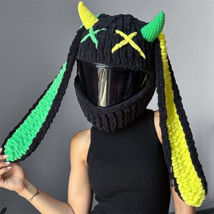 Handmade Crochet Cartoon Neon Devil Bunny Motorcycle Helmet Cover - Trendy & Edgy Helmet Accessory for Riders
