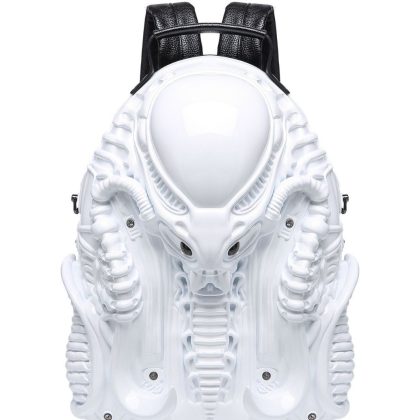 Futuristic White Alien Predator Backpack - Cyberpunk Street Punk Style, Unisex 3D Sculpted Backpack for Trendsetters & Sci-Fi Aficionados