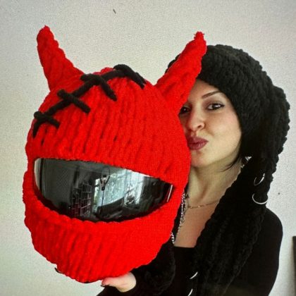 Handmade Crochet Cartoon Red Devil Motorcycle Helmet Cover - Trendy & Bold Helmet Accessory for Riders