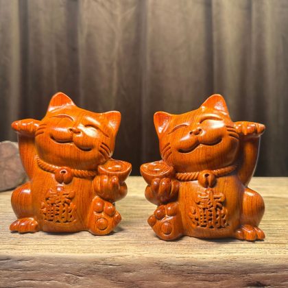 Rosewood Lucky Cat Pair Sculpture - Maneki-Neko Decor | Home Living Room & Shop Cash Register Gift Ornament