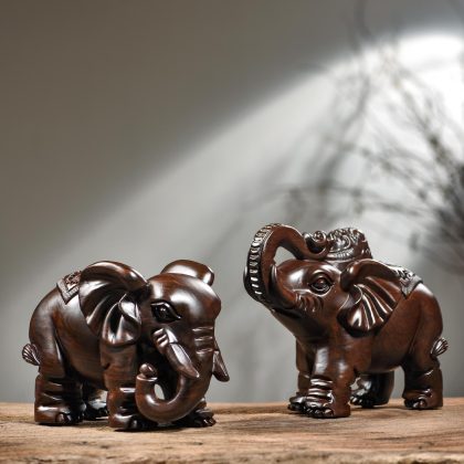 Ebony Wood Elephant Sculpture Pair - Hand-Carved Solid Wood Elephant Decor | Home Entryway & Shop Ornament