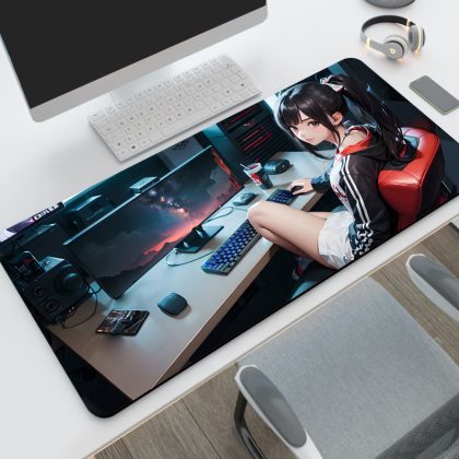 Anime Gamer Girl Extra Large Gaming Mouse Pad - Thick Locked-Edge Desk Mat | Keyboard Pad for Gaming & Office Desks