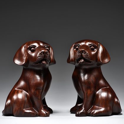Hand-Carved Ebony Wood Dog Pair Figurines (Chinese Zodiac) - Adorable Loyalty Dog Decor Set for Living Room TV Stand | Premium Red Wood Craft & Zodiac Gift