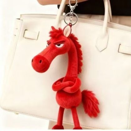 Grumpy Red Horse Plush Bag Charm & Keychain - Sassy Fuzzy Stuffed Animal Pendant | Cute Backpack Accessory