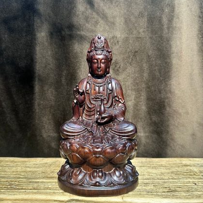 Ebony Wood Guanyin Statue - Hand-Carved Lotus-Seated Kuan Yin Decor | Home & Shop Worship Ornament