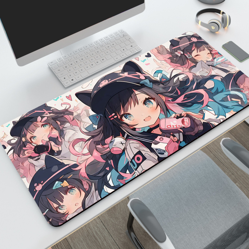 Kawaii Cat-Ear Anime Girl Extra Large Gaming Mouse Pad - Colorful Desk Mat | Thick Locked-Edge Keyboard Pad for Gamers & Office