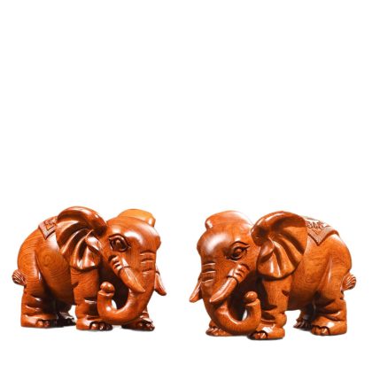 Rosewood Lucky Elephant Sculpture Pair - Hand-Carved Solid Wood Elephant Decor | Home Entryway & Shop Ornament