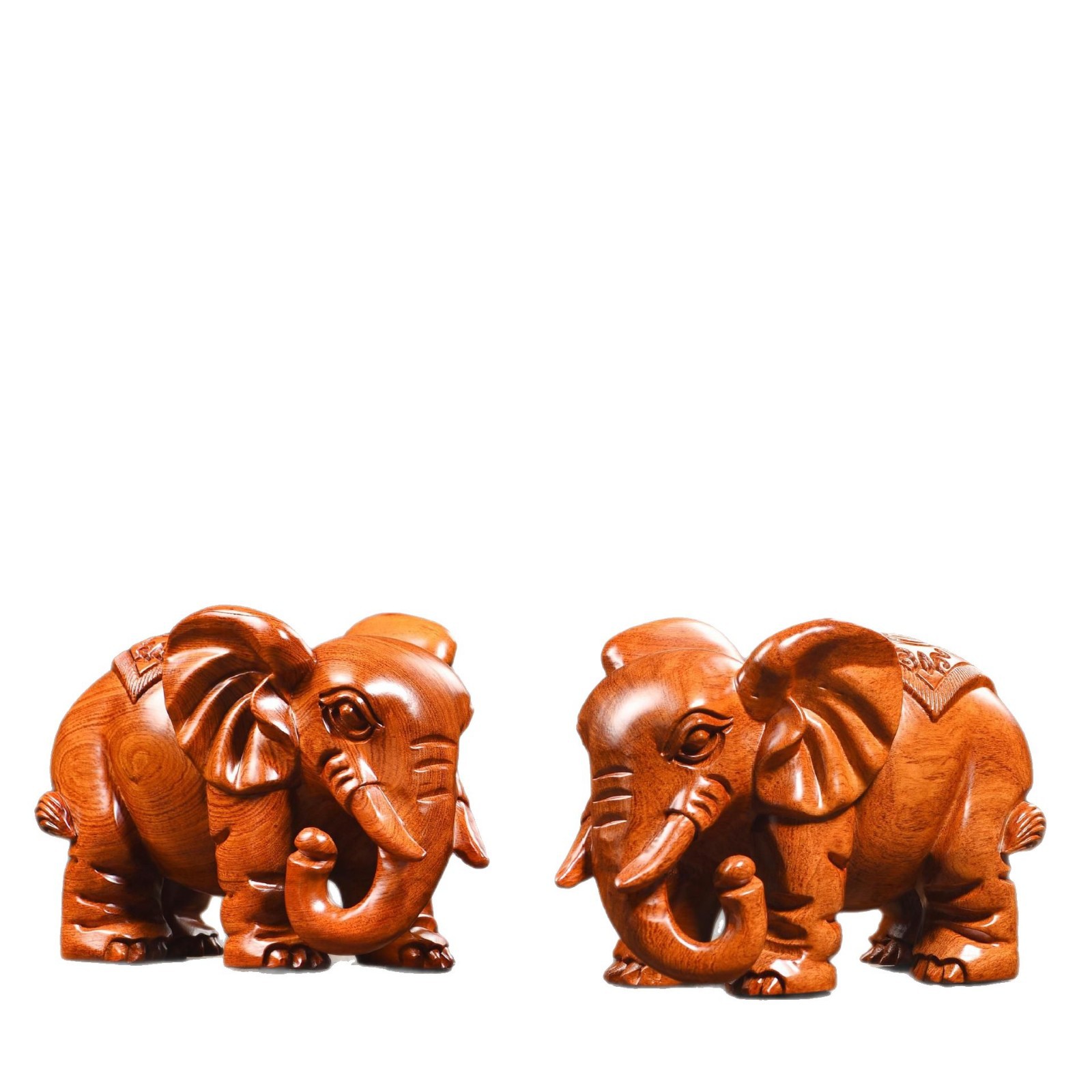 Rosewood Lucky Elephant Sculpture Pair - Hand-Carved Solid Wood Elephant Decor | Home Entryway & Shop Ornament