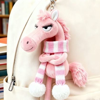 Sassy Pink Horse Plush Bag Charm & Keychain - Cozy Scarf-Wearing Fuzzy Stuffed Pendant | Cute Backpack Accessory