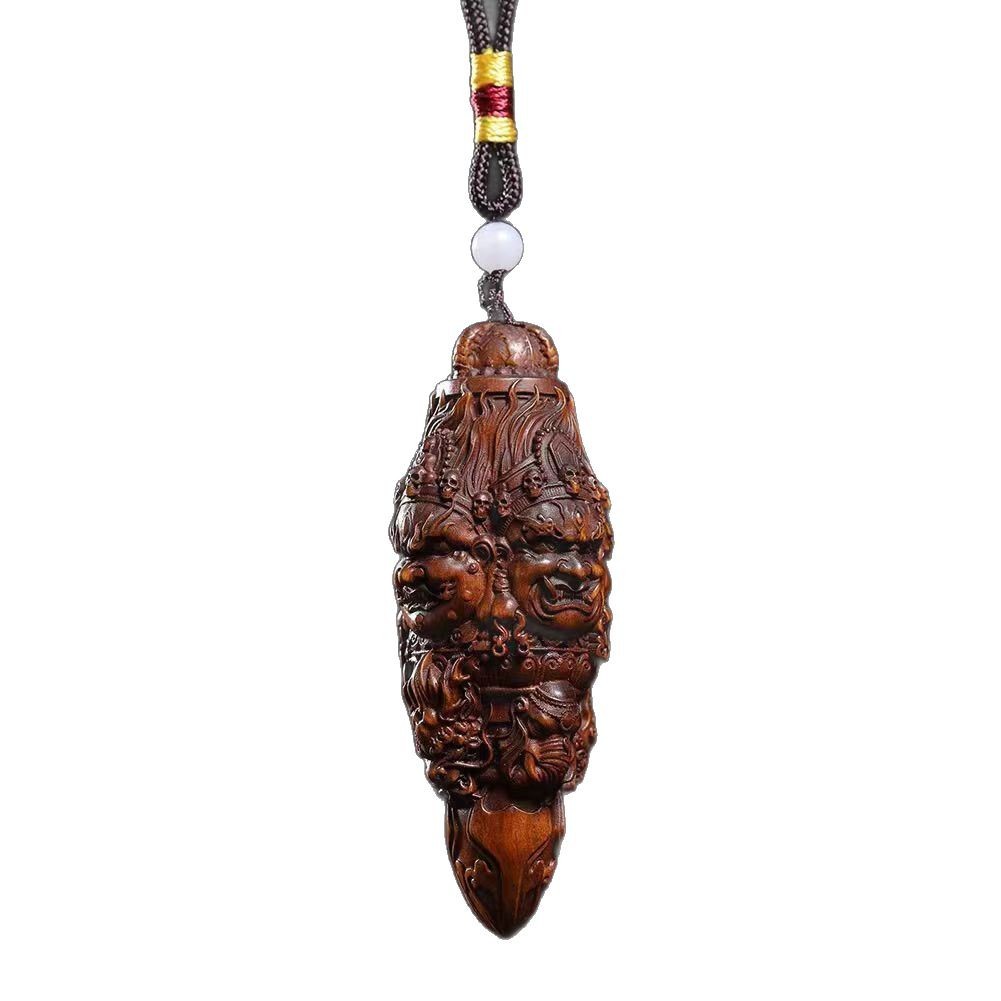 Vintage Boxwood Vajra Pestle Handheld Pendant - Black Dzambhala Carving | Wenwan Fidget & Necklace Gift