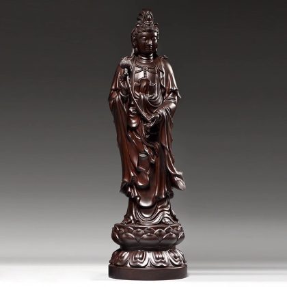 Hand-Carved Ebony Wood Mahasthamaprapta Bodhisattva Statue - Western Trinity Buddha Decor | Premium Red Wood Buddhist Sculpture for Home Altar & Living Room