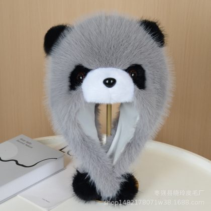 Fluffy Gray Panda Faux Fur Winter Hat - Thickened Cartoon Earmuff Cap | Windproof Warm Cold-Weather Headwear