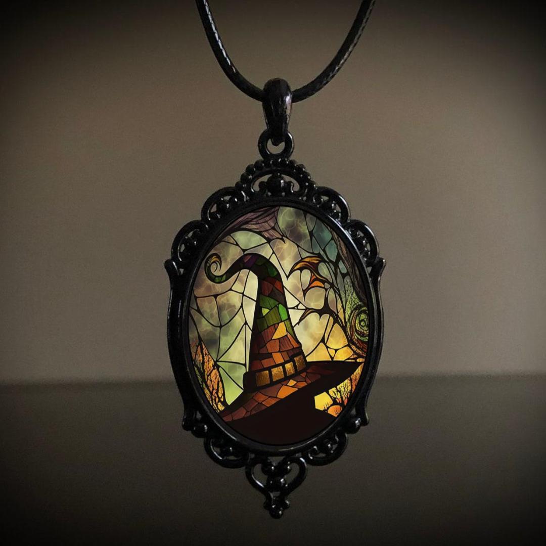 Stained Glass Witch Hat Gothic Pendant Necklace – Ornate Vintage Black Frame Jewelry | Halloween Goth Accessory for Wholesale