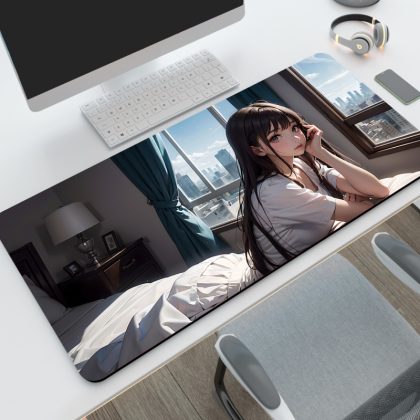 Cozy Anime Girl Extra Large Desk Mouse Pad - Urban Room Scene Keyboard Mat | Thick Locked-Edge Gaming & Office Pad