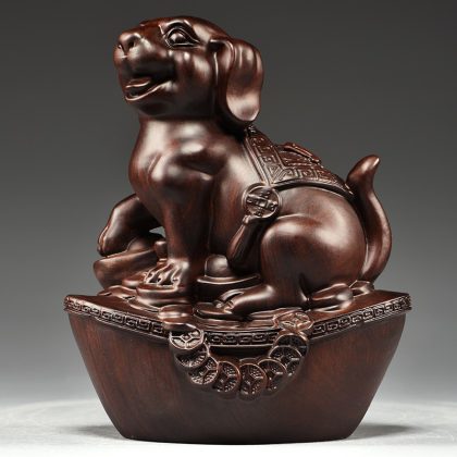 Hand-Carved Ebony Wood "Lucky Ingot Dog" Figurine (Chinese Zodiac) - Wealth Dog Decor for Living Room TV Stand | Premium Red Wood Craft & Zodiac Gift