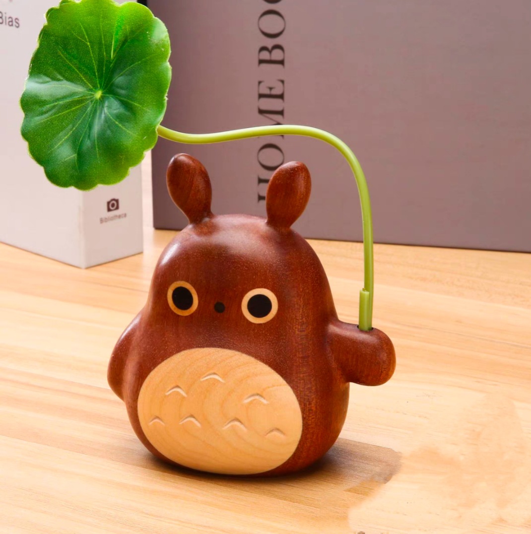 Wenge Wood Totoro with Lotus Leaf Decor - Hand-Carved Totoro Ornament | Desk & Car Gift