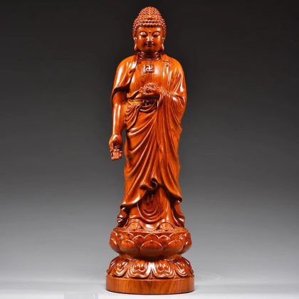 Hand-Carved Ebony Wood Mahasthamaprapta Bodhisattva Statue - Western Trinity Buddha Decor | Premium Red Wood Buddhist Sculpture for Home Altar & Living Room