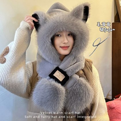 Gray Fox Ear Faux Fur Hat & Scarf Set - Korean Style 2-in-1 Winter Neck Warmer | Cozy Fuzzy Cold-Weather Accessory for Women