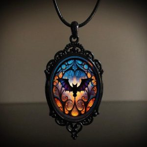 Stained Glass Witch Hat Gothic Pendant Necklace – Ornate Vintage Black Frame Jewelry | Halloween Goth Accessory for Wholesale