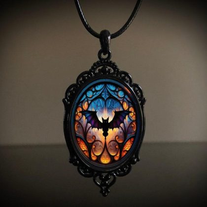 Stained Glass Witch Hat Gothic Pendant Necklace – Ornate Vintage Black Frame Jewelry | Halloween Goth Accessory for Wholesale