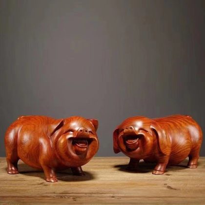 Rosewood Lucky Pig Sculpture Pair - Hand-Carved Zodiac "Three Harmony" Pig Decor | Solid Wood Animal Figurine Ornament