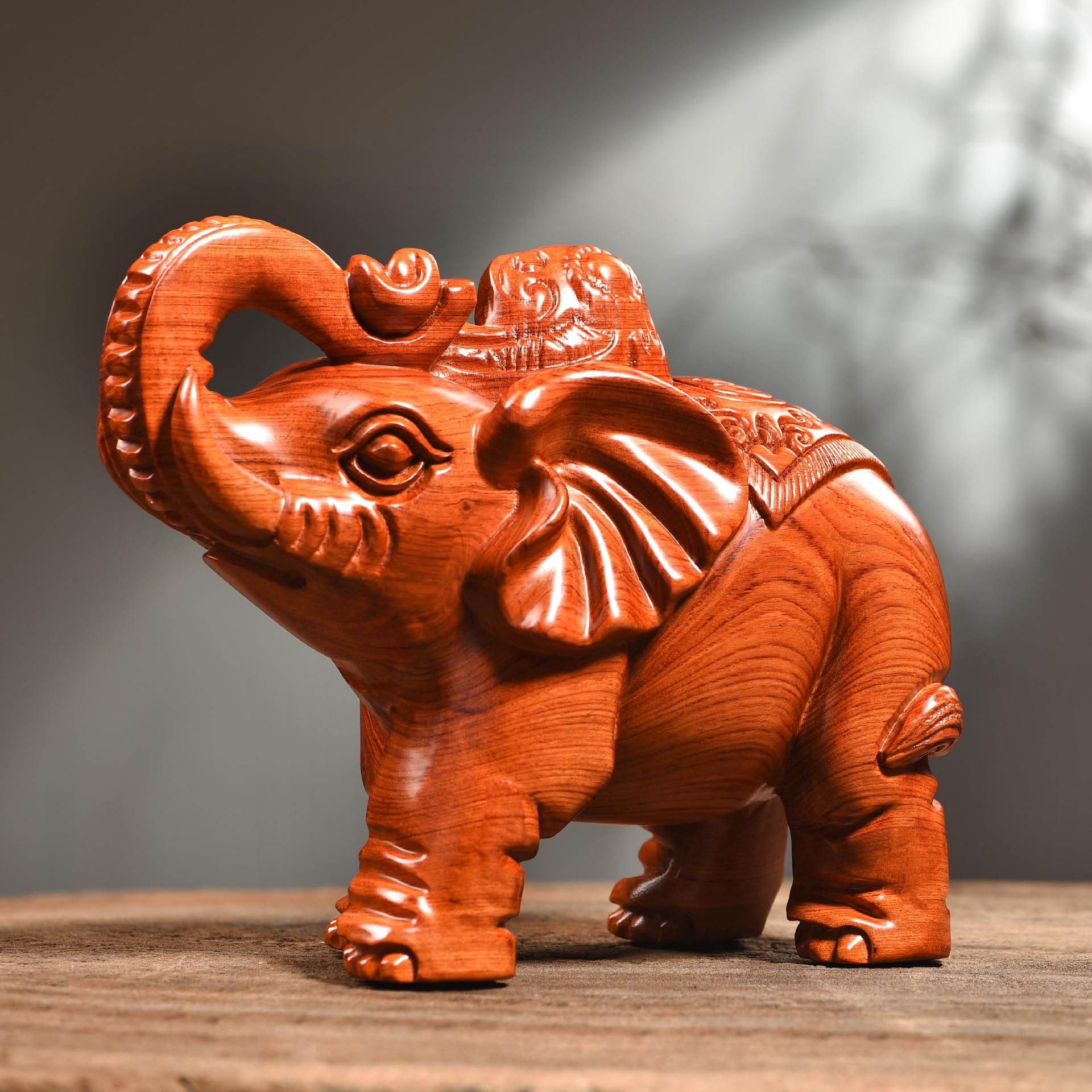 Rosewood Lucky Elephant Sculpture Pair - Hand-Carved Solid Wood Elephant Decor | Home Entryway & Shop Ornament - Image 2