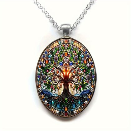 Stained Glass Style Tree of Life Oval Glass Pendant Necklace - Elegant Retro Romantic Jewelry for Women