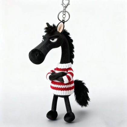 Sassy Black Horse Plush Keychain & Bag Charm - Cool 'Too Cool' Stuffed Animal Pendant | Cute Fuzzy Backpack Accessory