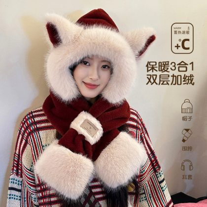 Korean Style Fox Ear 3-in-1 Hat Scarf Set - Fuzzy Winter 2-Piece Warm Neck Warmer & Earmuff for Women | Cozy Cycling Cold-Weather Accessory