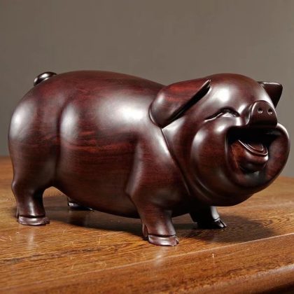 Rosewood Zodiac Pig Sculpture Pair - Hand-Carved Solid Wood "Three Harmony" Pig Decor | Lucky Animal Figurine Ornament