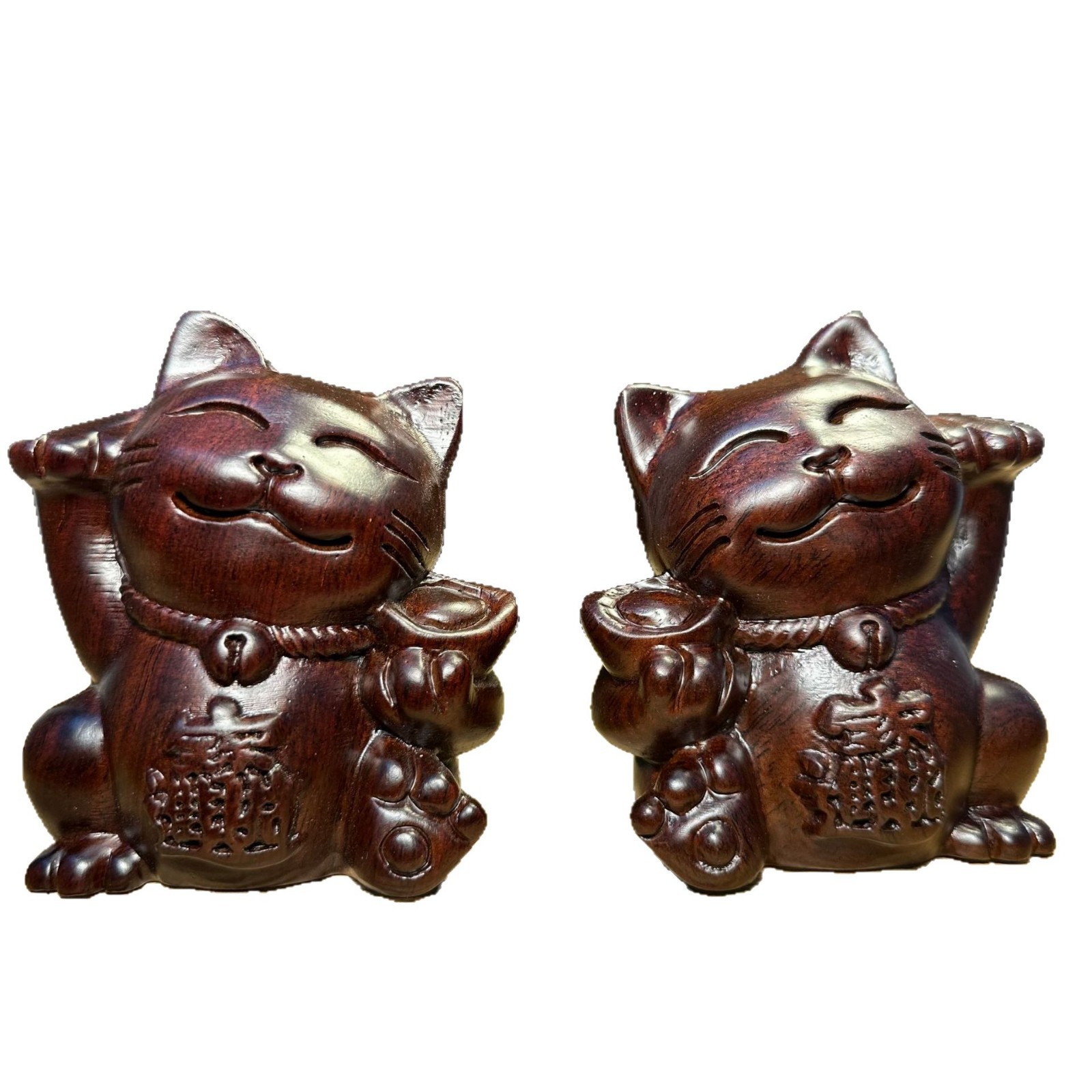 Ebony Wood Lucky Cat Pair Sculpture - Maneki-Neko Decor | Home Living Room & Shop Cash Register Gift Ornament