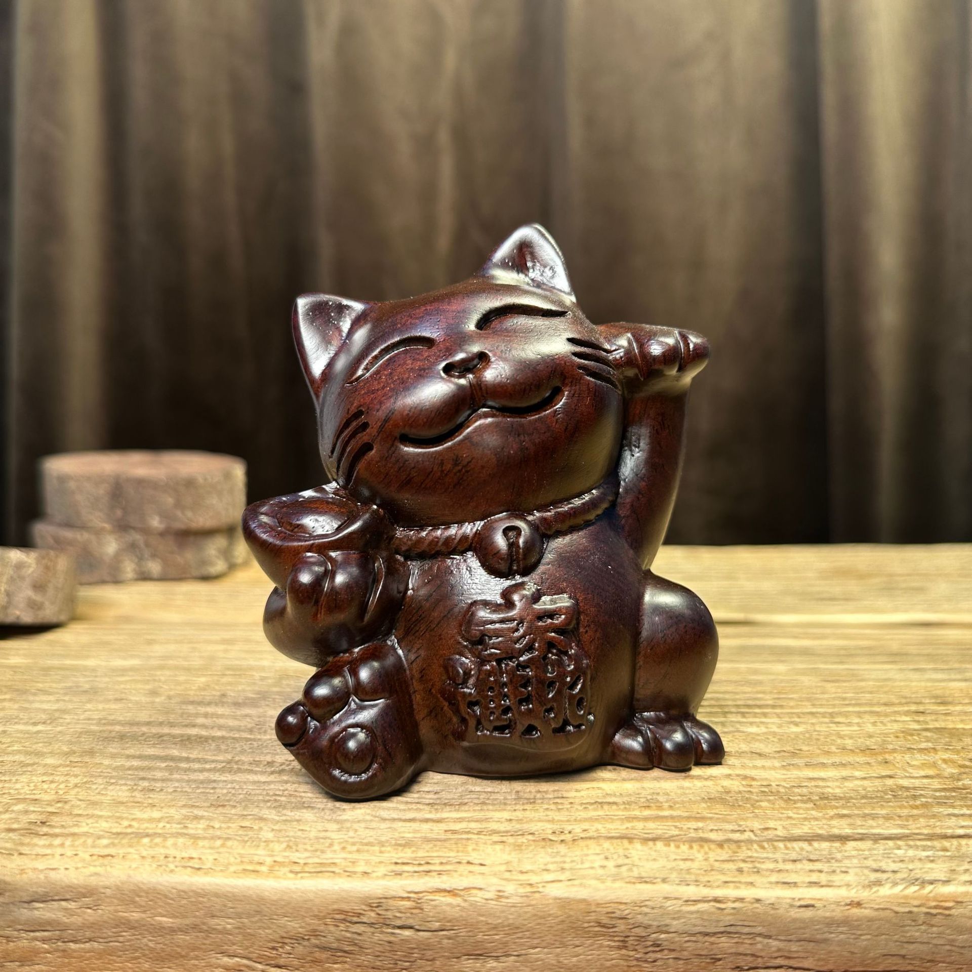 Ebony Wood Lucky Cat Pair Sculpture - Maneki-Neko Decor | Home Living Room & Shop Cash Register Gift Ornament - Image 3