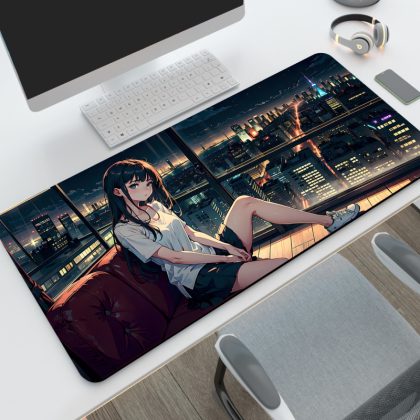 Neon City Anime Girl Extra Large Gaming Mouse Pad - Night Skyline Desk Mat | Thick Locked-Edge Keyboard Pad for Home & Office
