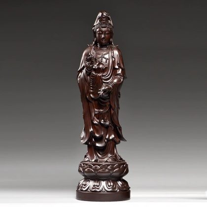 Hand-Carved Ebony Wood Guanyin Bodhisattva Statue - Compassionate Buddhist Sculpture | Premium Red Wood Decor for Home Altar & Living Room Spiritual Space